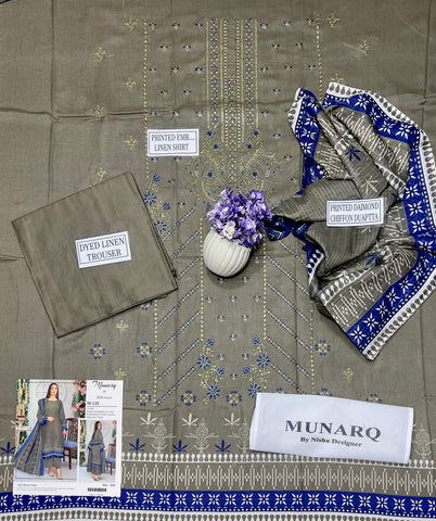 Unstitched Munarq By Nisha Designer Emb Linen 3-Pc M-135