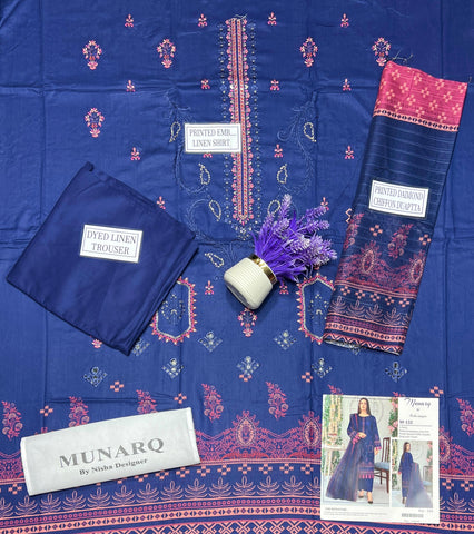 Unstitched Munarq By Nisha Designer Emb Linen 3-Pc M-132