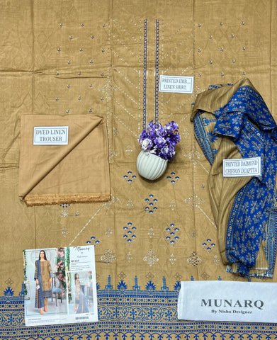 Unstitched Munarq By Nisha Designer Emb Linen 3-Pc M-134