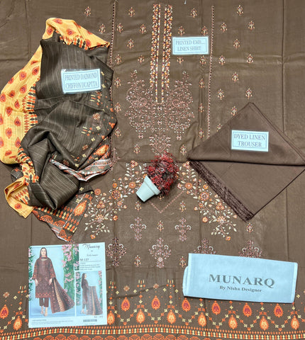 Unstitched Munarq By Nisha Designer Emb Linen 3-Pc M-137
