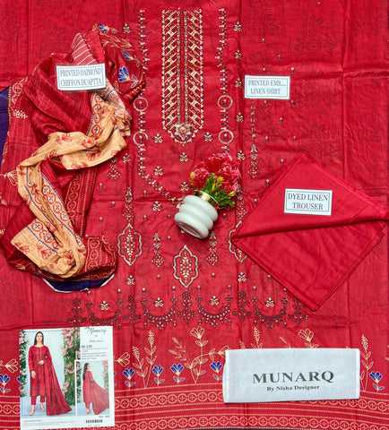Unstitched Munarq By Nisha Designer Emb Linen 3-Pc M-139