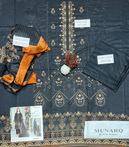 Unstitched Munarq By Nisha Designer Emb Linen 3-Pc M-133