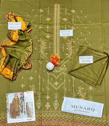 Unstitched Munarq By Nisha Designer Emb Linen 3-Pc M-136