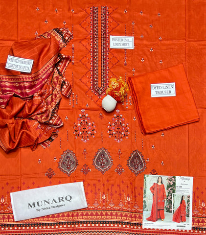 Unstitched Munarq By Nisha Designer Emb Linen 3-Pc M-138