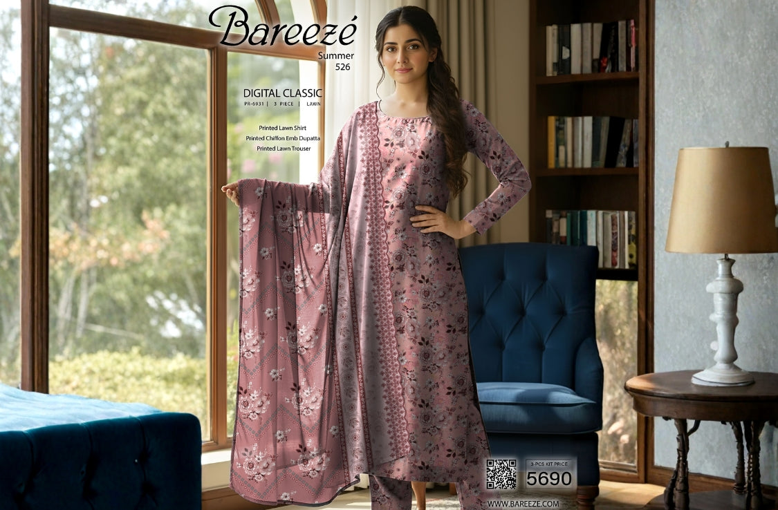 Set of Bareeza Emb Print Lawn 3Pc V-526
