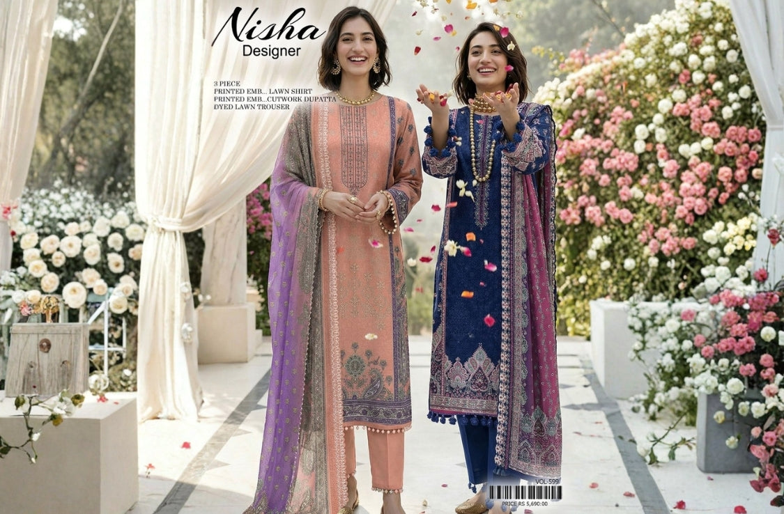 Set of Nisha Designer Emb Print Lawn 3Pc V-599